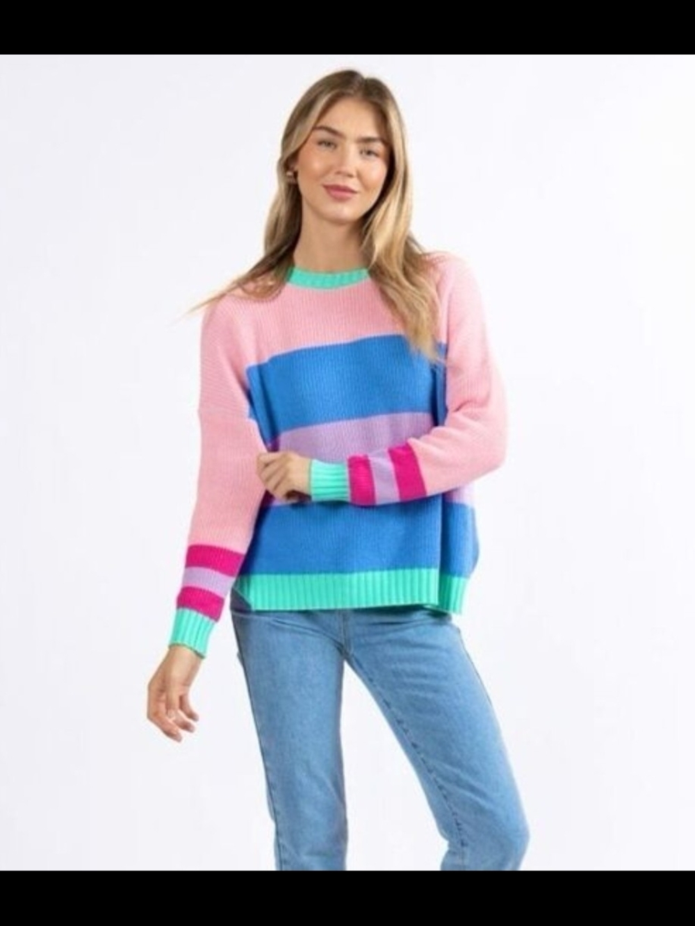 Pink Lily Vibrant Colorblock Crewneck Sweater in Pink, Blue & Teal